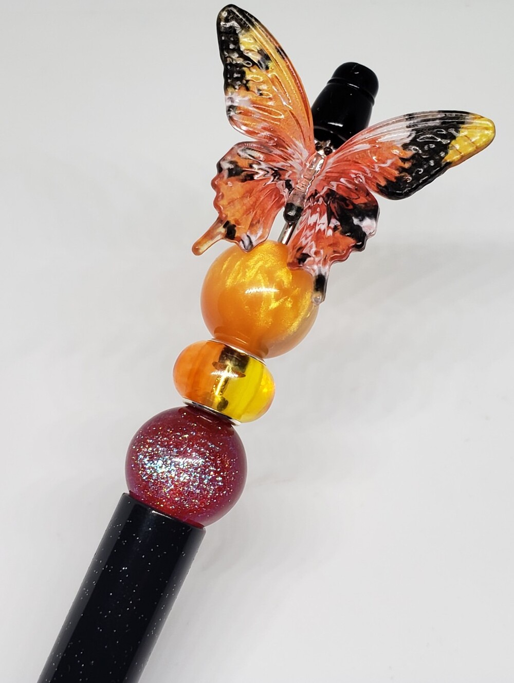 Handmade Black Orange Red Glitter Beaded Butterfly Pen